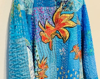 Silk Kantha Patchwork Quilt Coat Blanket Duster Robe Coy Fish  One size