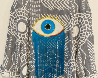 Repurposed Muslin Blanket Duster Robe S/M Evil Eye