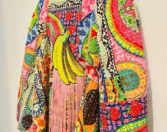 Repurposed Kantha Patchwork Quilt Blanket Duster Robe Small Fringe Bananas