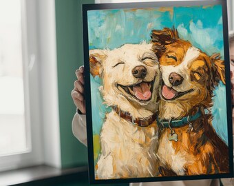 Puede incluir: Una pintura de dos perros con la boca abierta, sonriéndose el uno al otro. El perro de la izquierda es blanco con manchas marrones y el perro de la derecha es marrón con manchas blancas. La pintura está hecha en un estilo pictórico con pinceladas visibles.