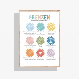 Könnte beinhalten: Ein gerahmter Druck mit dem deutschen Text "GRENZEN kann sich anhören wie..." in bunten Buchstaben. Der Druck zeigt neun florale Illustrationen mit zugehörigen Sätzen. Der Rahmen ist aus hellem Holz.