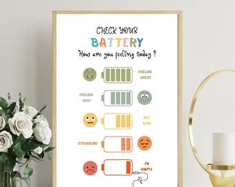 Check Your Battery - Mental Health Check-In Poster for Self-Reflection & Awareness, Motivational Wall Art