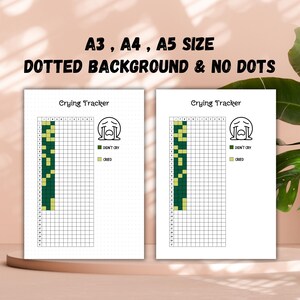Pode incluir: Duas folhas brancas imprimíveis de Crying Tracker com um layout de grade, um ícone de rosto triste e o texto "Crying Tracker". As folhas são rotuladas como "A3, A4, A5 SIZE" e "DOTTED BACKGROUND & NO DOTS".
