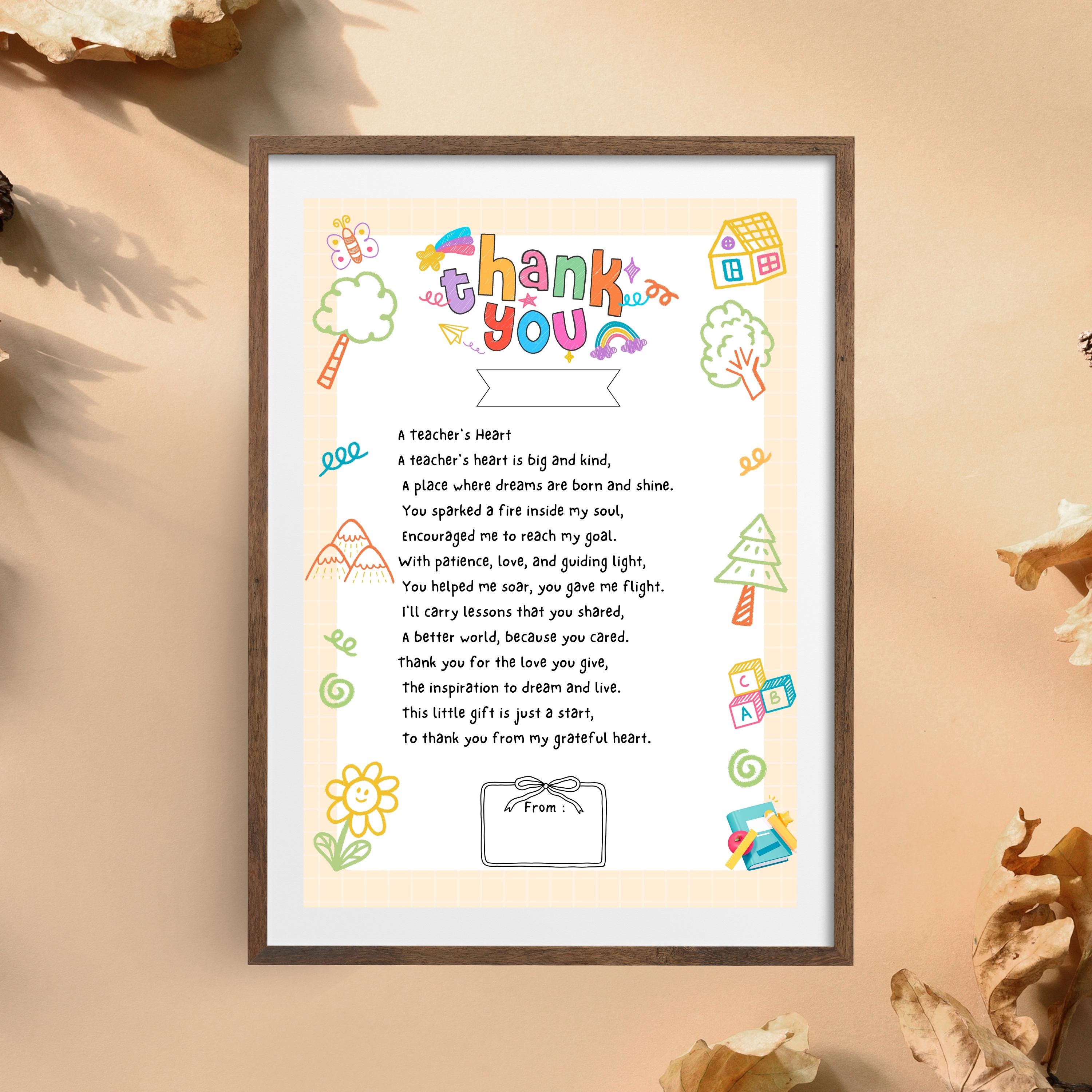 Thank You Teacher Poem Printable Teacher Appreciation Gift Instant