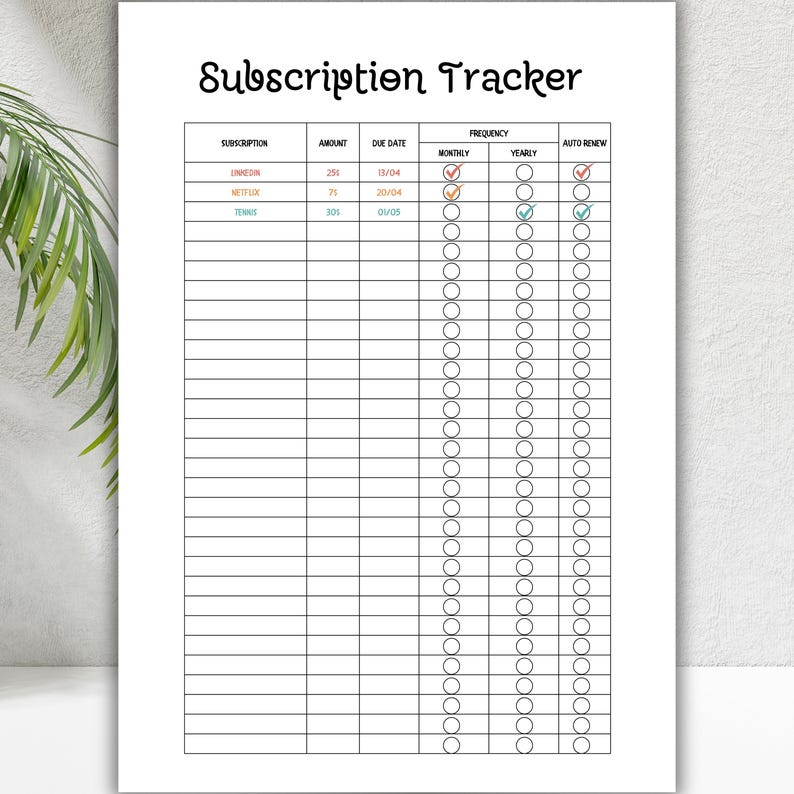 Subscription Tracker Printable, Finance Planner (A4/A5/A3 PDF) - Etsy