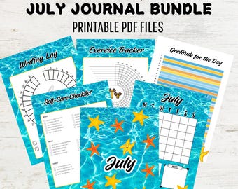 May include: A bundle of printable PDF journal pages with a summer theme. The pages include a writing log, exercise tracker, self-care checklist, and a gratitude journal. The pages have a blue water background with yellow and orange starfish and the word "July".