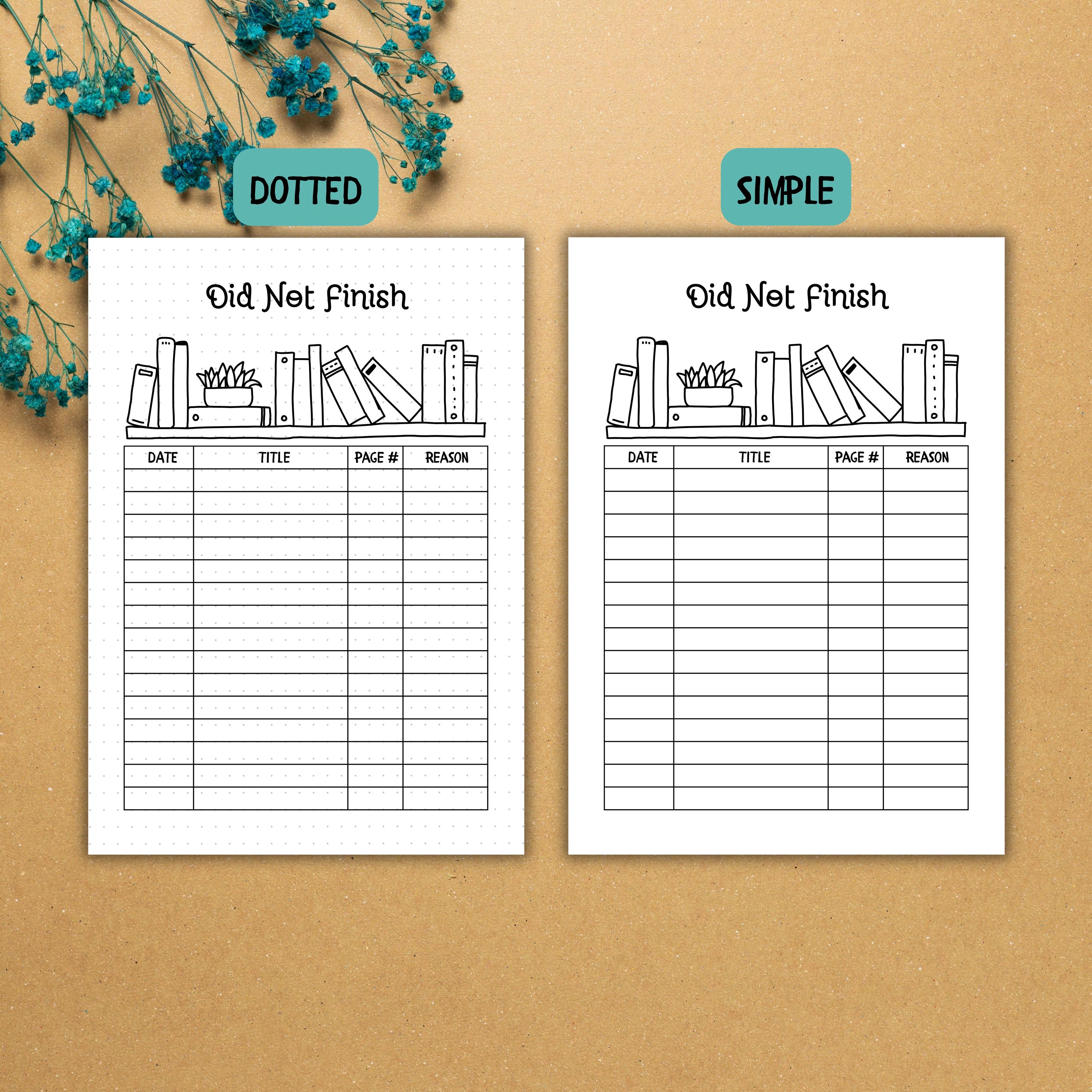 DNF Reading Tracker | Printable Book Log (A3, A4, A5 Sizes) - Etsy