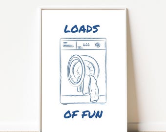 May include: A white framed print with a blue illustration of a washing machine with clothes inside. The text "LOADS OF FUN" is written below the illustration.