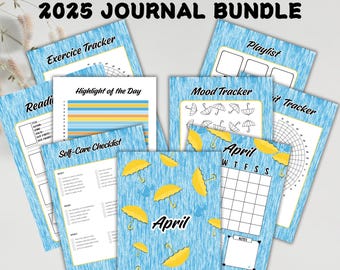 May include: A set of printable journal pages in A3, A4, and A5 sizes. The pages feature a blue and yellow watercolor background with a pattern of yellow umbrellas. The pages include a mood tracker, exercise tracker, playlist, reading log, highlight of the day, self-care checklist, and a calendar for April 2025.