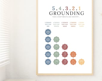54321 Grounding Technique Poster: Anxiety Management, Coping Skill Wall Art (Digital Download)