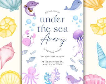 Invitación de cumpleaños bajo el mar: Animales del océano, plantilla editable de Canva (descarga digital)