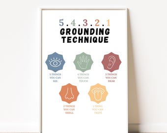 54321 Grounding Technique Poster, Calming Anxiety Management (Digital Download)