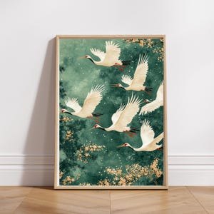 Emerald Cranes Japanese Print: Gold Accents, Eclectic Decor (Digital Download)