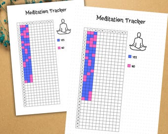 May include: Two white Meditation Tracker sheets with a grid layout, featuring the text "Meditation Tracker" at the top. Each sheet has a visual key with a meditating figure, and color-coded boxes for "YES" and "NO" tracking. The sheets are decorated with blue flowers.