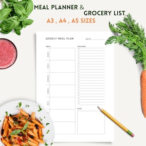 Planificador de comidas semanal con lista de compras, plantilla imprimible, plan de menú de 7 días, planificador de comidas, salud y fitness, A3/A4/A5