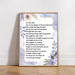 Muttertagsgedicht druckbar – Für Dich Mama – Geschenk für Mama – Sentimentales Geschenk für Mama – Florale Wandkunst – Digitaler Download