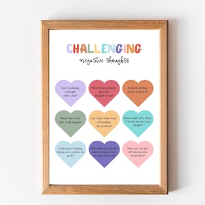 Könnte beinhalten: Ein druckbarer Poster mit einem hellbraunen Rahmen und weißem Hintergrund. Das Poster hat den Text "CHALLENGING negative thoughts" in Regenbogenfarben. Das Poster ist in neun Abschnitte unterteilt, jeder mit einer herzförmigen Grafik und einer Frage darin. Die Fragen sollen helfen, negative Gedanken in Frage zu stellen.