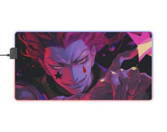 Anime Gaming Mouse Pad LED, Hisoka Hunter x Hunter Design, Customizable, Non-Slip, Large Size, Waterproof, Desk Accessory