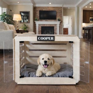A modern indoor wooden dog house made from birch plywood, shown in a bright American living room with a young golden retriever resting inside on a soft gray cushion.