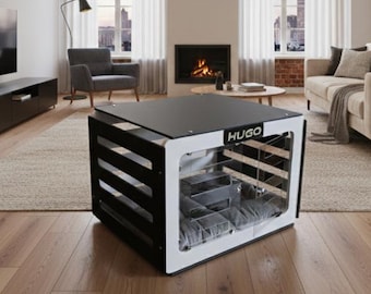 Modern Black Wooden Dog House: Indoor Pet Crate with Cushion