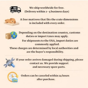 May include: An image with text and illustrations. The text includes information about shipping, a free mattress, customs duties, damaged product support, and order cancellation within 24 hours.