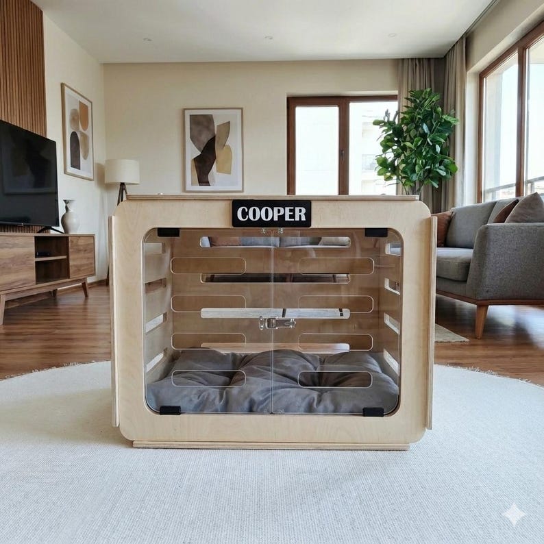 Modern indoor wooden dog house made from birch plywood with ventilation slats and an open acrylic door, shown with a soft gray dog cushion inside.