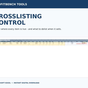 May include: A digital spreadsheet template titled Profitbench Tools Crosslisting Control. The document features a table for tracking inventory across platforms with columns for item details, costs, and status, designed for Microsoft Excel software.