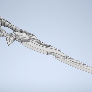 May include: A detailed 3D model of a silver-colored sword with a complex, intricate design. The sword has a sharp point and a curved blade with a series of spikes along the back.