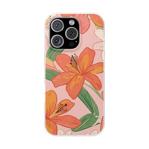 Pink Orange Tiger Lily Phone Case for iPhone 15 14 13 Pro Max Samsung S24 S23, Foral Lily Phone Case, Flower Theme Protective Cover