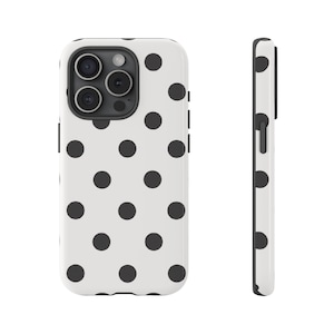 iPhone 15 14 13 Pro Max Samsung S24 S23用 ブラックホワイト水玉模様の携帯ケース、レトロな携帯ケース、ヴィンテージテーマの保護カバー