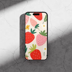 Strawberry Phone Wallpaper, Strawberries Design, Pink Fruit Background, Cottagecore Phone Wallpaper, Pink Trendy Phone Wallpaper