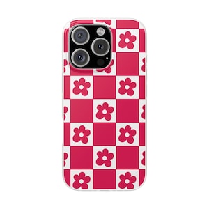 Red White Checkered Phone Case for iPhone 15 14 13 Pro Max Samsung S24 S23, Floral Checkerboard Phone Case, Retro Theme Protective Cover