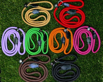 May include: Eight different colored dog leashes with leather accents. The leashes are made of a braided rope material and are arranged in a circle on a green grassy surface.