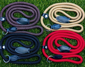 May include: Four dog leashes in different colors: brown, beige, black, and red. Each leash has a leather handle with a decorative oval shape.