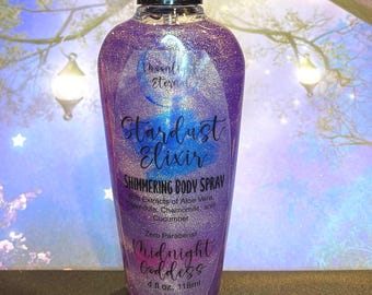 Midnight Goddess Shimmering Body Spray: Stardust Elixir - Gardenia, Peach, Jasmine, Amber, Musk, 4 ounces