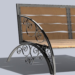 May include: A black metal bench with ornate scrollwork details and a wooden seat. The bench has a curved design and is perfect for outdoor use.