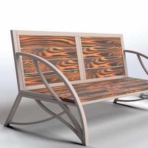 May include: A set of outdoor furniture comprising a two-seater bench and a table with two benches. The furniture is made of metal with a wood-grain finish.