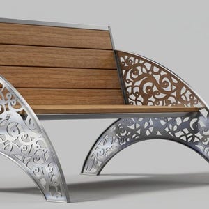 May include: A bench featuring a backrest and seat made of horizontal brown wooden slats. The frame is constructed from silver-coloured metal with intricate, laser-cut scrollwork patterns on the side panels and curved legs.