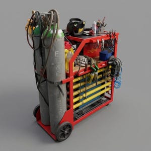 May include: A red metal welding trolley on wheels, featuring two large grey gas cylinders secured to the side. The trolley includes multiple shelves holding various tools, a black welding helmet, a red storage box, and several yellow cylindrical containers.
