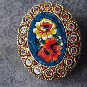 Broche Art Déco Micro-mosaïque Florale - Laiton Et Pierre - Occasion - Vintage