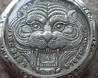 Tiger face cased pendant  Phra LP Pern Bangpra buddha double sided Vintage amulet