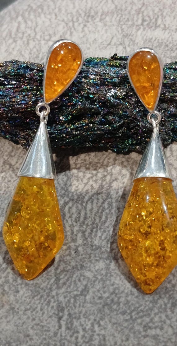 Silver & baltic Amber large statement earrings ab… - image 1