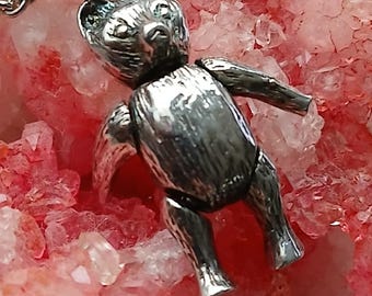 Solid SILVER Articulated Jointed  Teddy Bear pendant on sterling silver chain