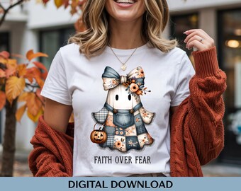 Glaube über Angst Patchwork Geist PNG, christliches Halloween DTF Sublimationsdesign (digitaler Download)