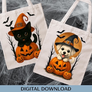 Witch Puppy and Black Cat Spooky Halloween PNG: Halloween DTF Sublimation Design (Digital Download)