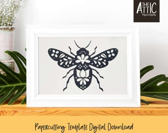 Folk Art Bee Papercutting Template: Insect Papercut Design (PDF, JPEG, SVG)
