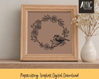 Spring Bird Papercutting Template: Floral Wreath with Bird (PDF, JPEG, SVG)