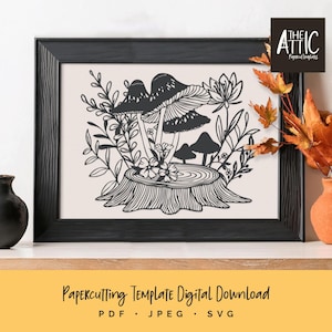 Wild Mushrooms Papercutting Template | Mushroom and Foliage Woodland Papercut | PDF JPEG for Handcutting | SVG for Cutting Machines