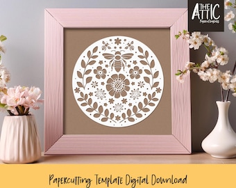 Spring Bees Papercutting Template: Botanical Bumble Bees (PDF, JPEG, SVG)