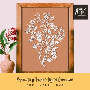 Papiersnijsjabloon met bloemensteel | Papercut-bloemontwerp | Botanische papercut | PDF JPEG voor handsnijden | SVG voor snijmachines
